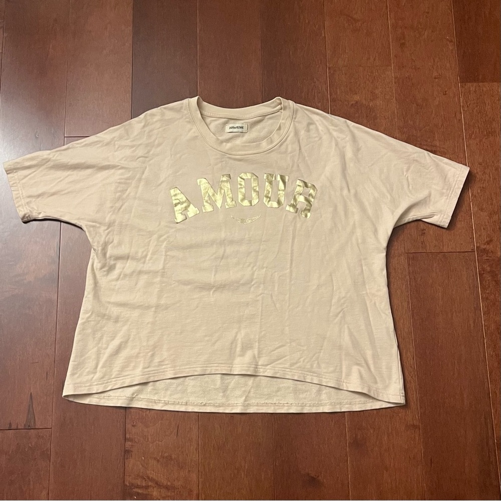 Zadig & Voltaire Beige Tee with Metallic Gold Print - Picture 2 of 5